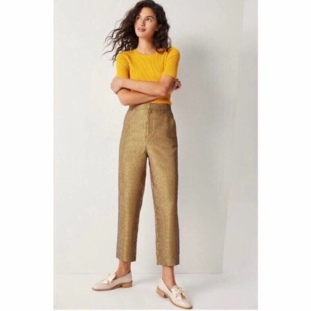 Anthropologie Maeve Melyssa Jacquard Trousers Size S in Gold Chevron Print
